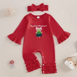 Baby Girl 2Pcs Christmas Outfits Long Sleeve Tree Embroidery Ruffle Jumpsuit with Headband Set Newborn Clothes