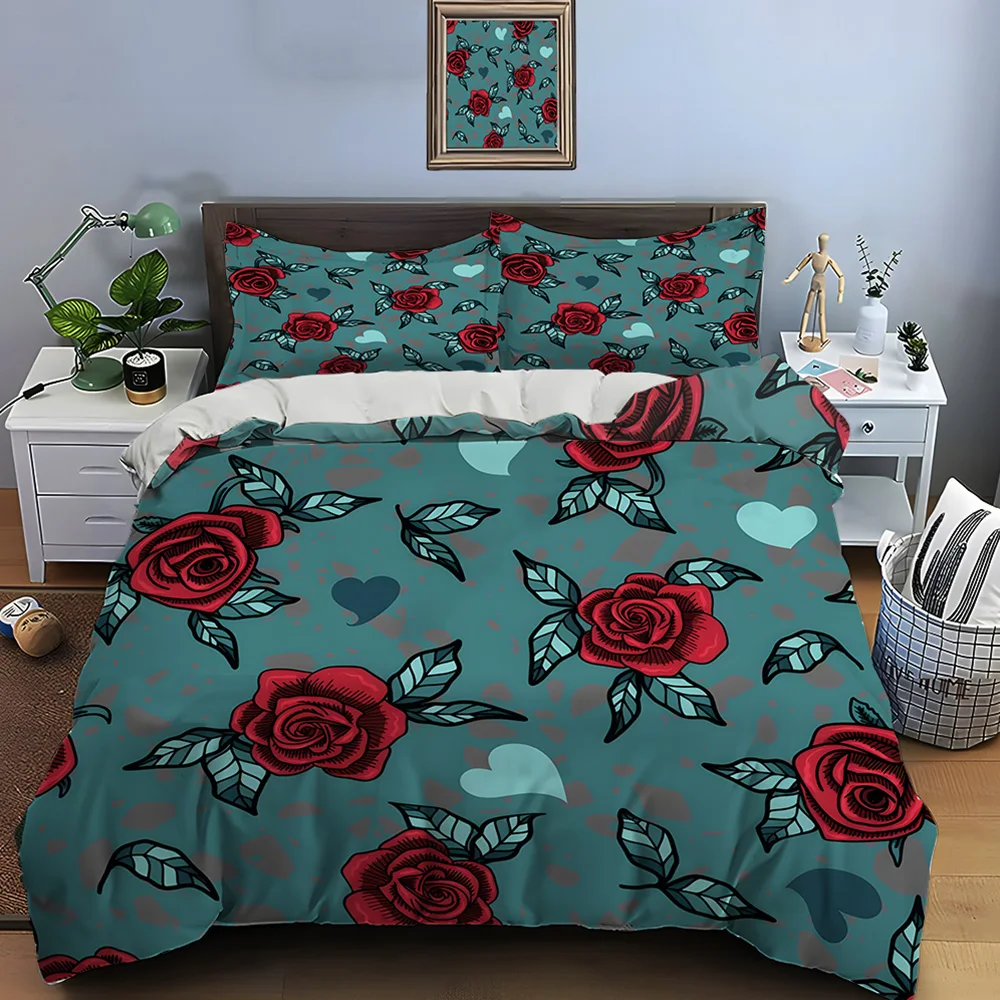 Red roses and blue heart background Print Soft Comfortable Duvet Cover Bedding Set Included 1*Duvet Cover  2*Pillowcases