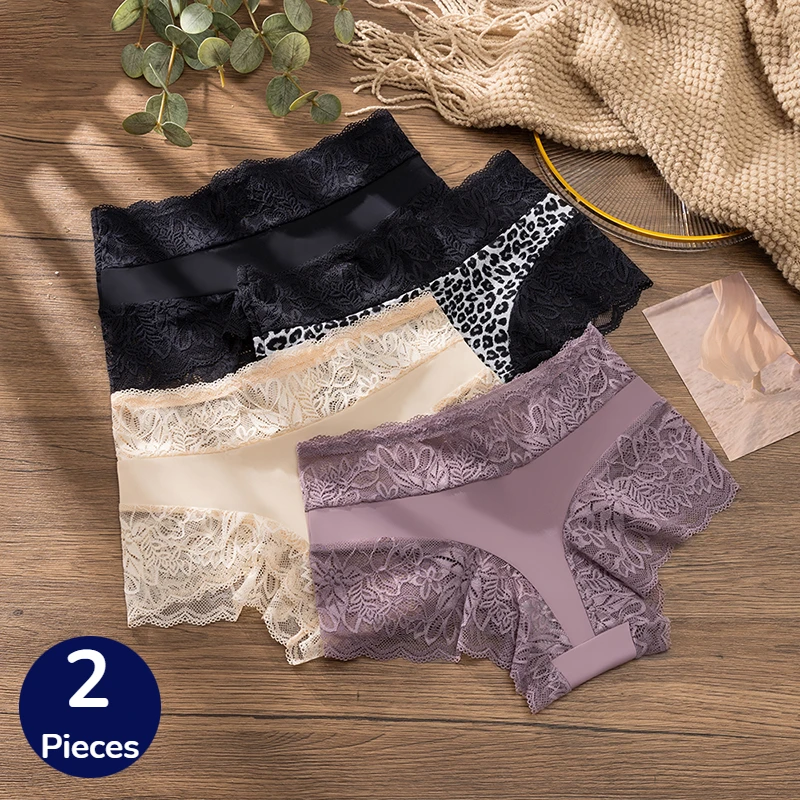 BZEL 2PCS Spitzen-Damenhöschen, süße Slips, ausgehöhlte Blumen, Leopardenmuster, charmante sexy Dessous, atmungsaktive Komfort-Unterhosen, Sale