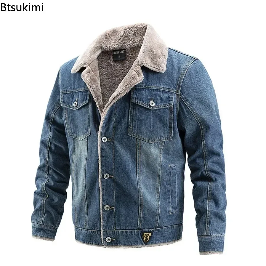 

Мужская винтажная джинсовая куртка 2026 года, осенне-зимняя, новая, утепленная плюшевой подкладкой, теплая, свободного кроя, повседневная, с отложным воротником, модная джинсовая парка для мужчин