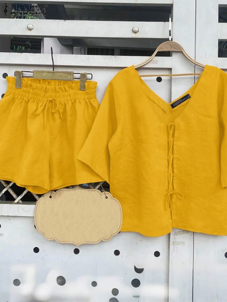 

ZANZEA Fashion Short Sets 2025 Women Summer Bandage Short Sleeve V-Neck Shirts Elastic Waist Shorts Casual 2PCS Solid Color Sets