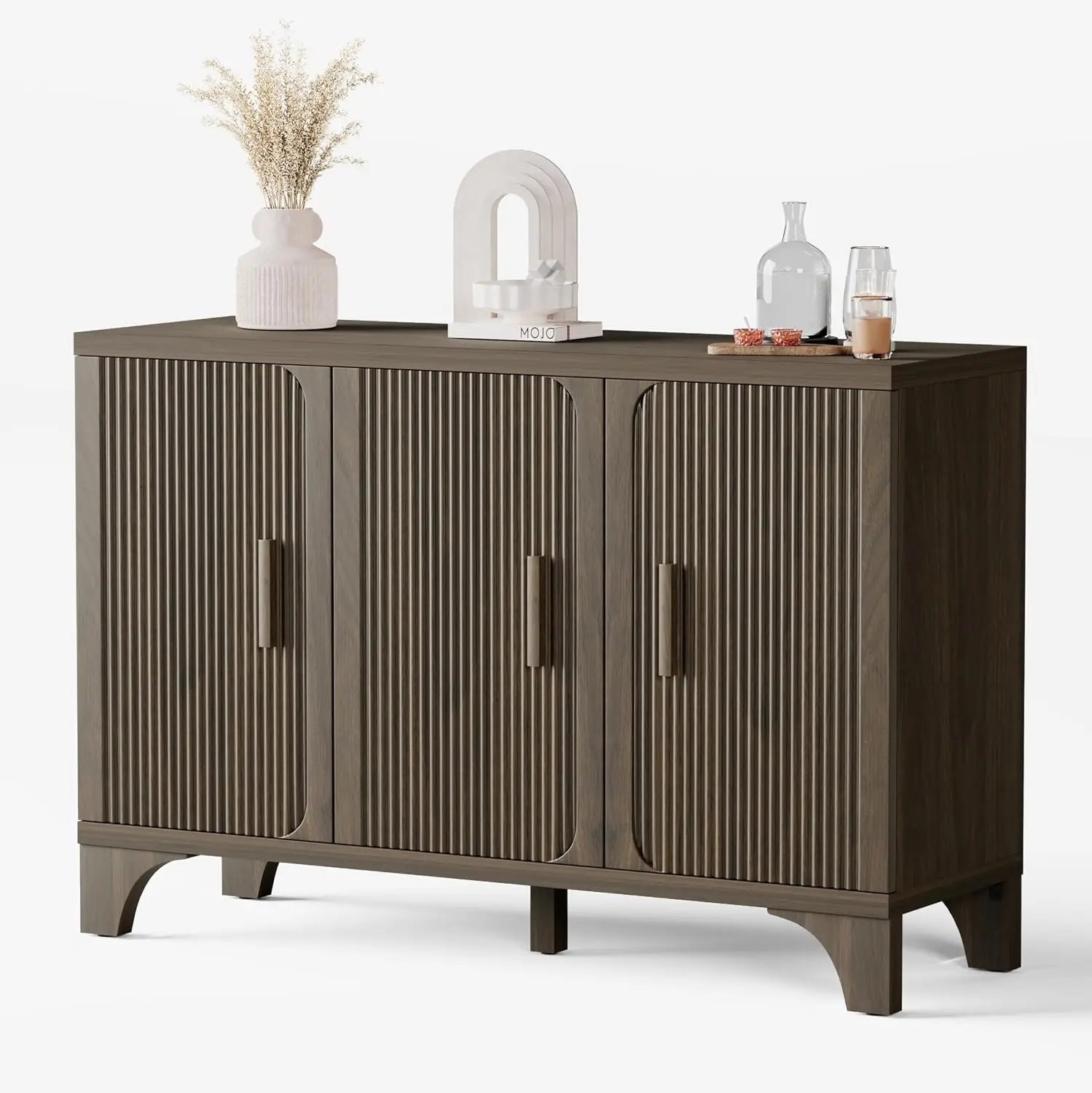 Mid Century Fluted Buffet Cabinet, Sideboard & Credenza with Doors, Wood Coffee Bar Console , Walnut 47