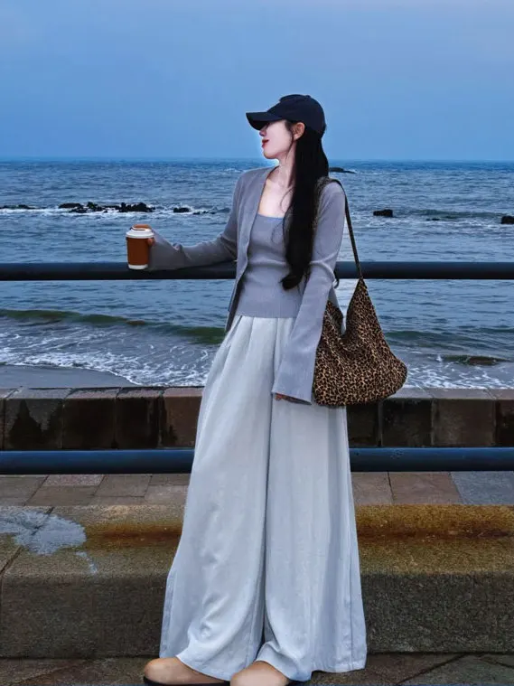 

Loose Knitted Open Cardigan Wide Leg Pants Three Piece Set Comfortable Relaxing Style Women's Fashion Ensemble Autumn Wear
