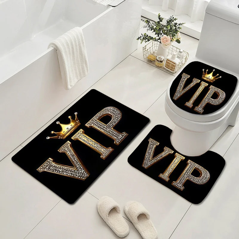 

3pcs VIP Crown Bathroom Rug Set Non-Slip U-Shaped Mat and Toilet Lid Cover Black Gold Luxury Theme Washable Indoor Floor Mats