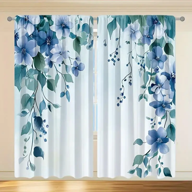 Blue Floral Botanical Curtains Pair 2pcs Waterproof Nature Print Decorative Curtains for Living Room Window