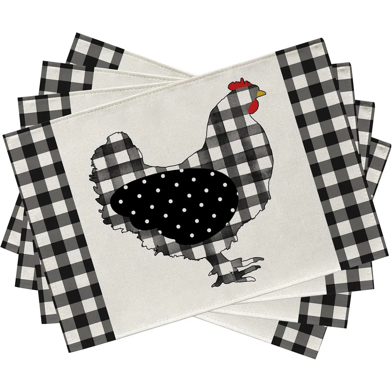 Farm Chicken Hen Animal Placemats Set of 4 Black White Buffalo Check Plaid Farmhouse Chick Dining Table 12 x 18 Inch