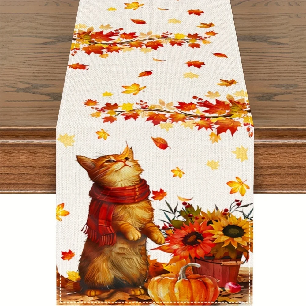 1pc Autumnal Table Runner - Thanksgiving Pumpkin Cat & Sunflower Design, Maple Leaf Fall Decor