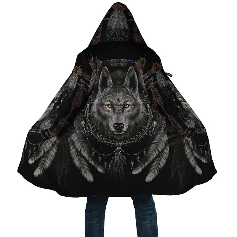 2025 Winter Fleece Coat Jackets Outerwear Sweatshirts Zip Up Hoodies Wolf Eagle Feather Tribal Graphics Parka Overcoat Clothing