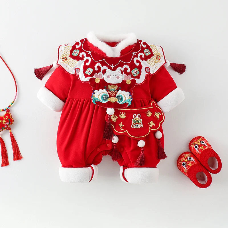 

Thiened Fce Red Celebration Rer для маленьких девочек, зимние теплые длинные хлопковые комбинезоны Sve, китайский комбинезон на день рождения, C...