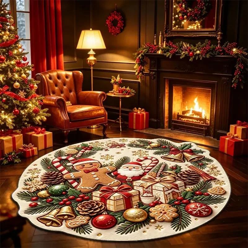 VIKAMA Yule Gingerbread Person Kris Kringle Present Bells Candy Stick Round Rug Festive Soft Floor Padding Space Decor Durable