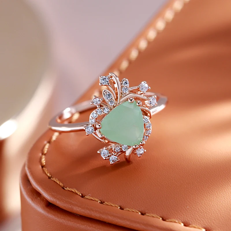 Kinel New Trend Crystal Flower Ring for Women Fashion Green Natural Zircon Accessories 585 Rose Gold Color Fine Daily Jewelry