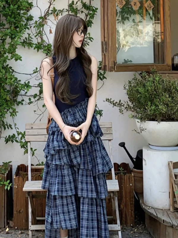 Korean Style Fake Two-Piece Vest Dress Women's Summer Design Checkered Color Block Irregular Long Skirt High Waist Casual Dress