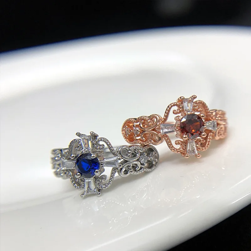 

MDLFES Moiss1n Diamond Style Colored Gem Classic Red Corundum Ring Zirconia 18K Lace Design Blue Spinel Ring