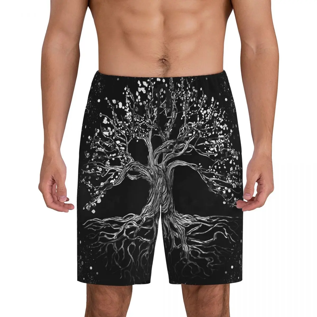 

Мужские короткие пижамные шорты с черно-белым принтом «Древо жизни», для сна и отдыха