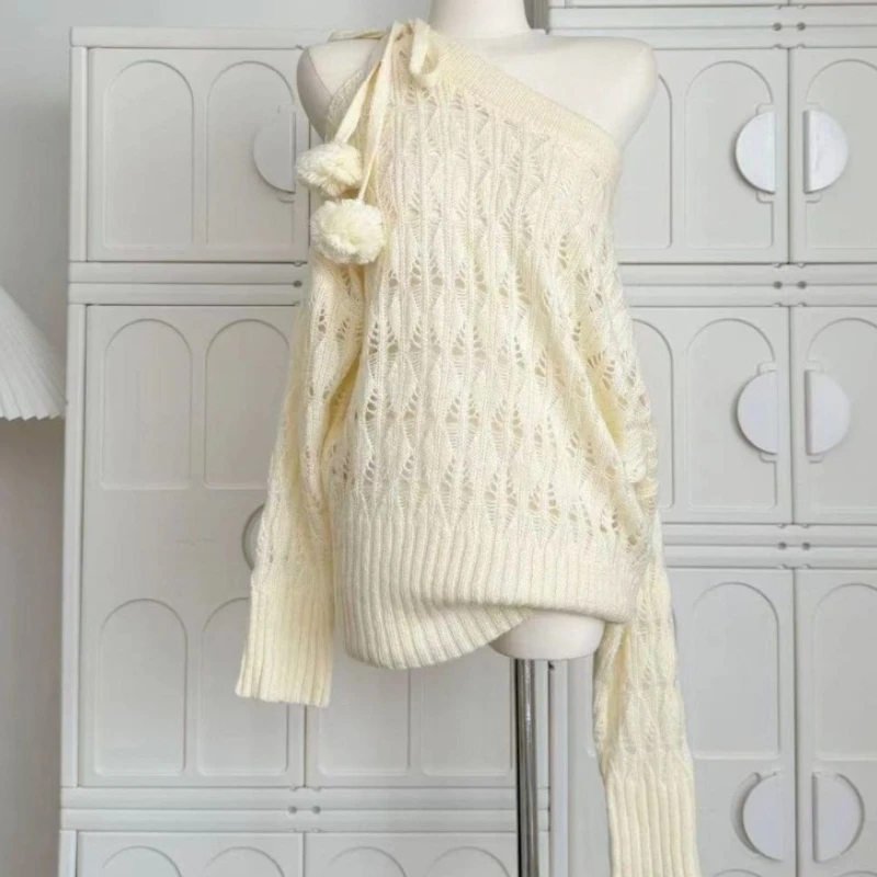 ディープタウン甘いセクシーな中空ニットプルオーバー女性オフショルダー和風エレガントなセーターかわいいロリータレースアップジャンパー