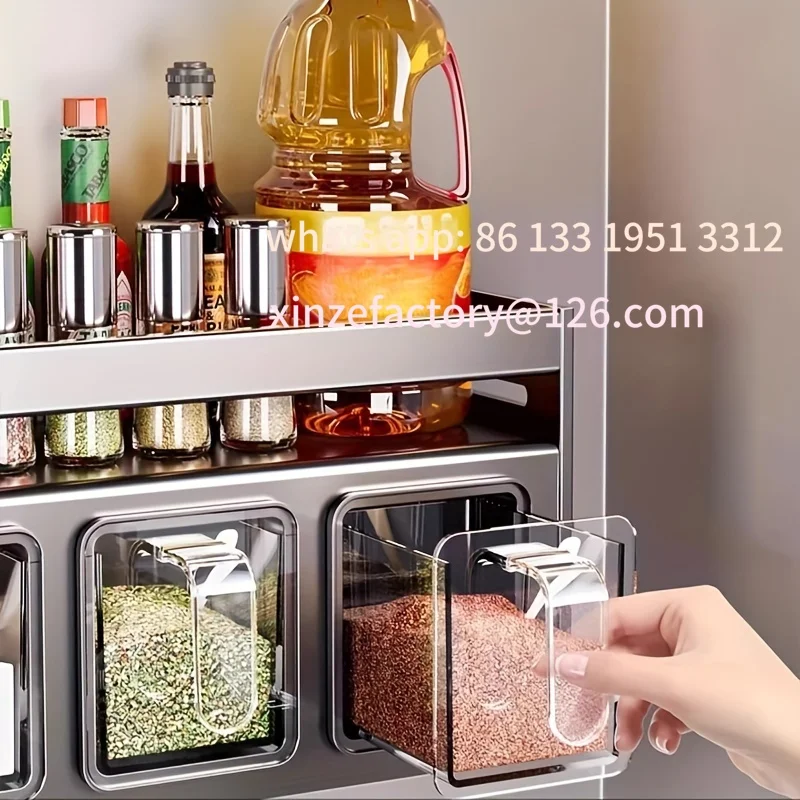 

Customizable Wall mounted kitchen spice rack storage set without drilling, with sealed containers and distributors, suitable for
