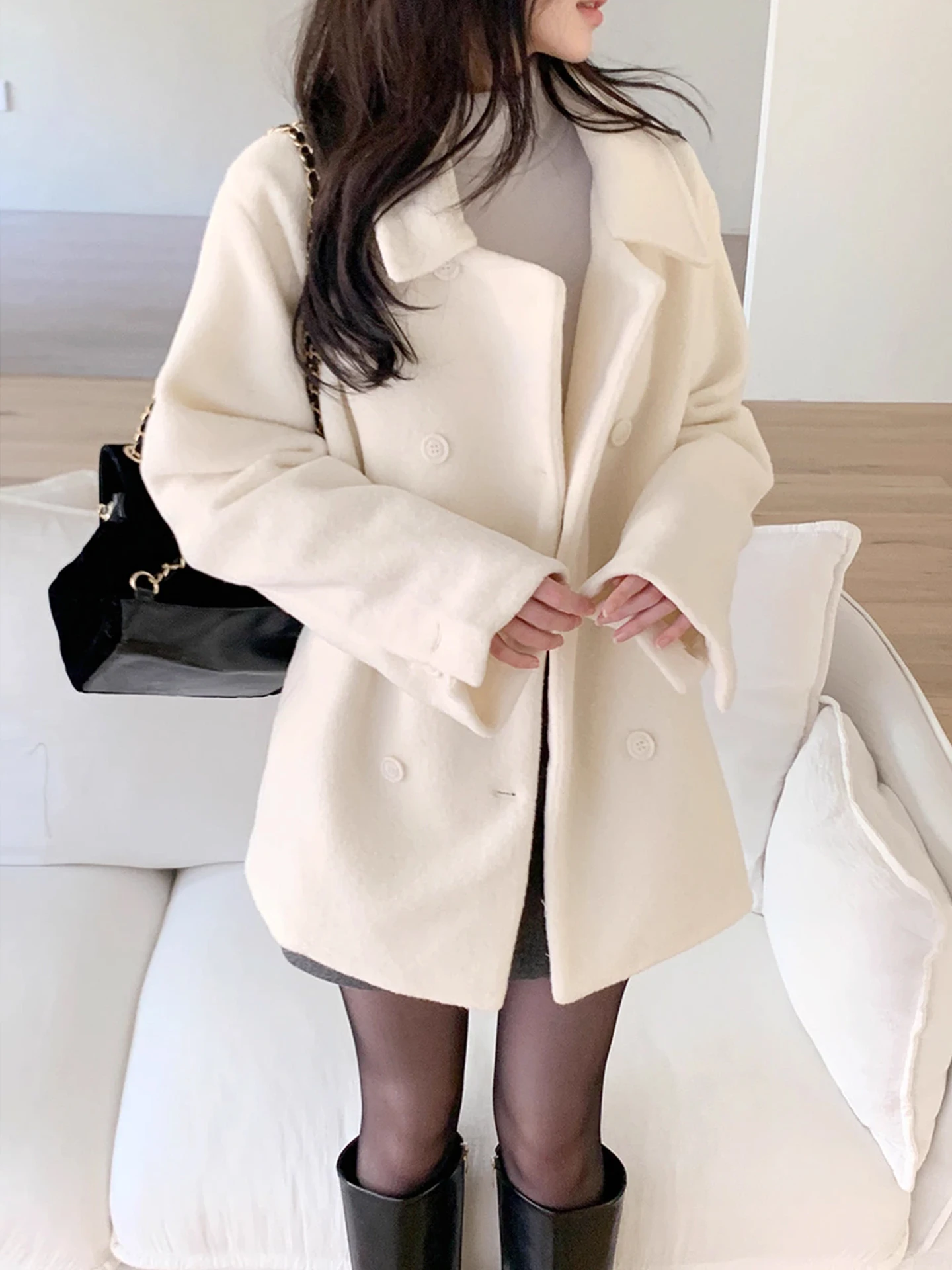 

Ladies Mid-Length Woolen Coat with Double-Breasted ket Design Winter Faion Outerwear Soft Gentle Wind Sle Pure Color