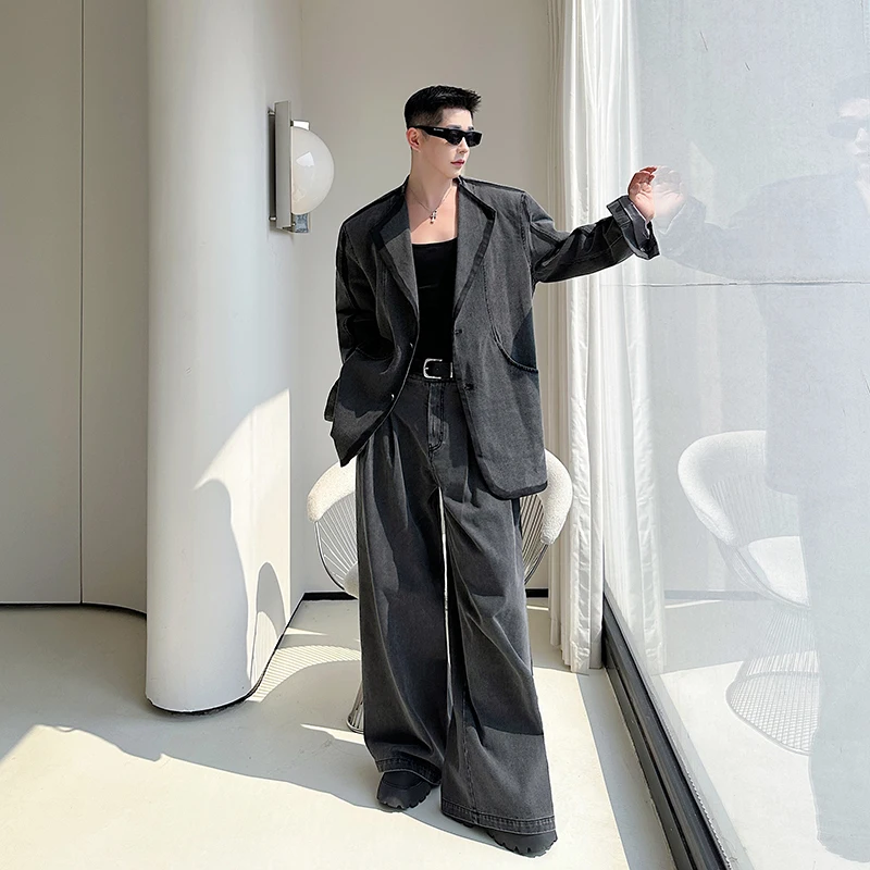 Men Denim Outfit Autumn Winter Two Piece Jacket Pants Suit Collar Patchwork Design Loose Straight Casual Jeans Washed Distressed