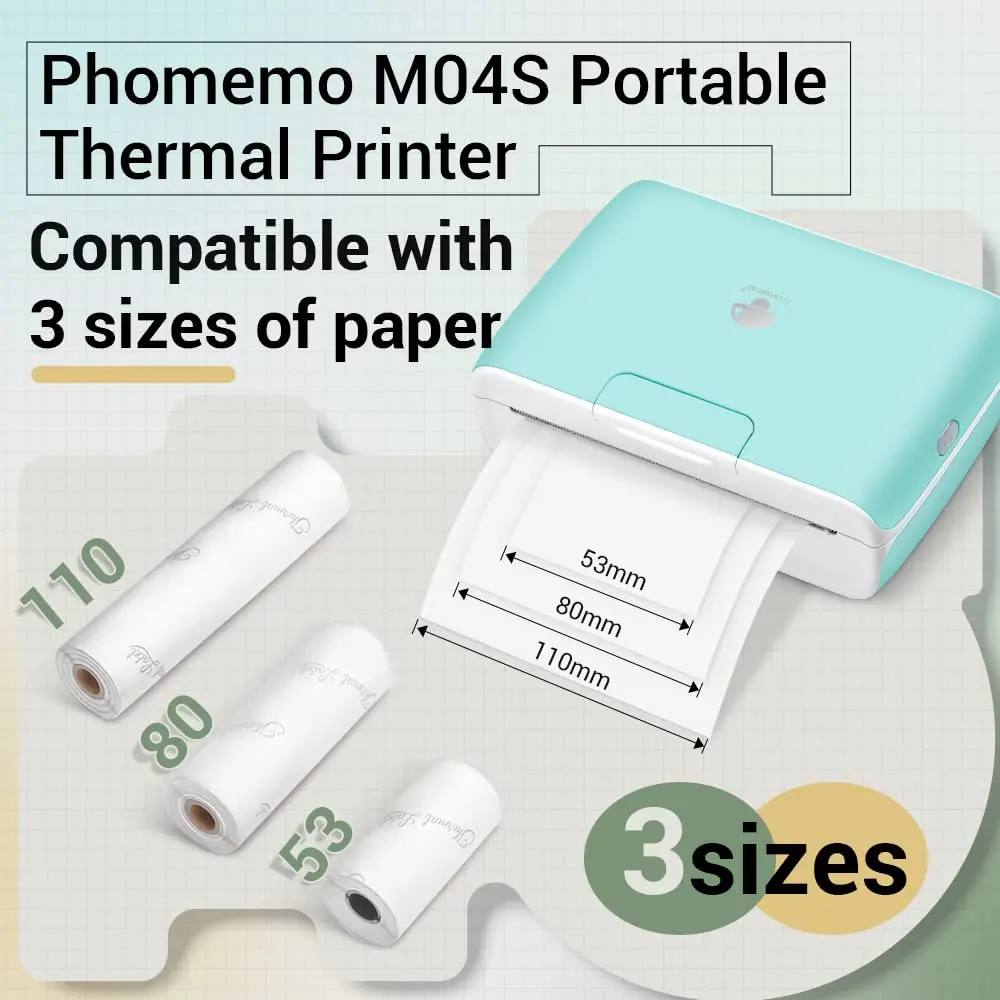 Phomemo M04S 110mm Portable Printer 304dpi Bluetooth Inkless Thermal Printer Support 53/80/110mm Thermal Paper for Mobile Phone