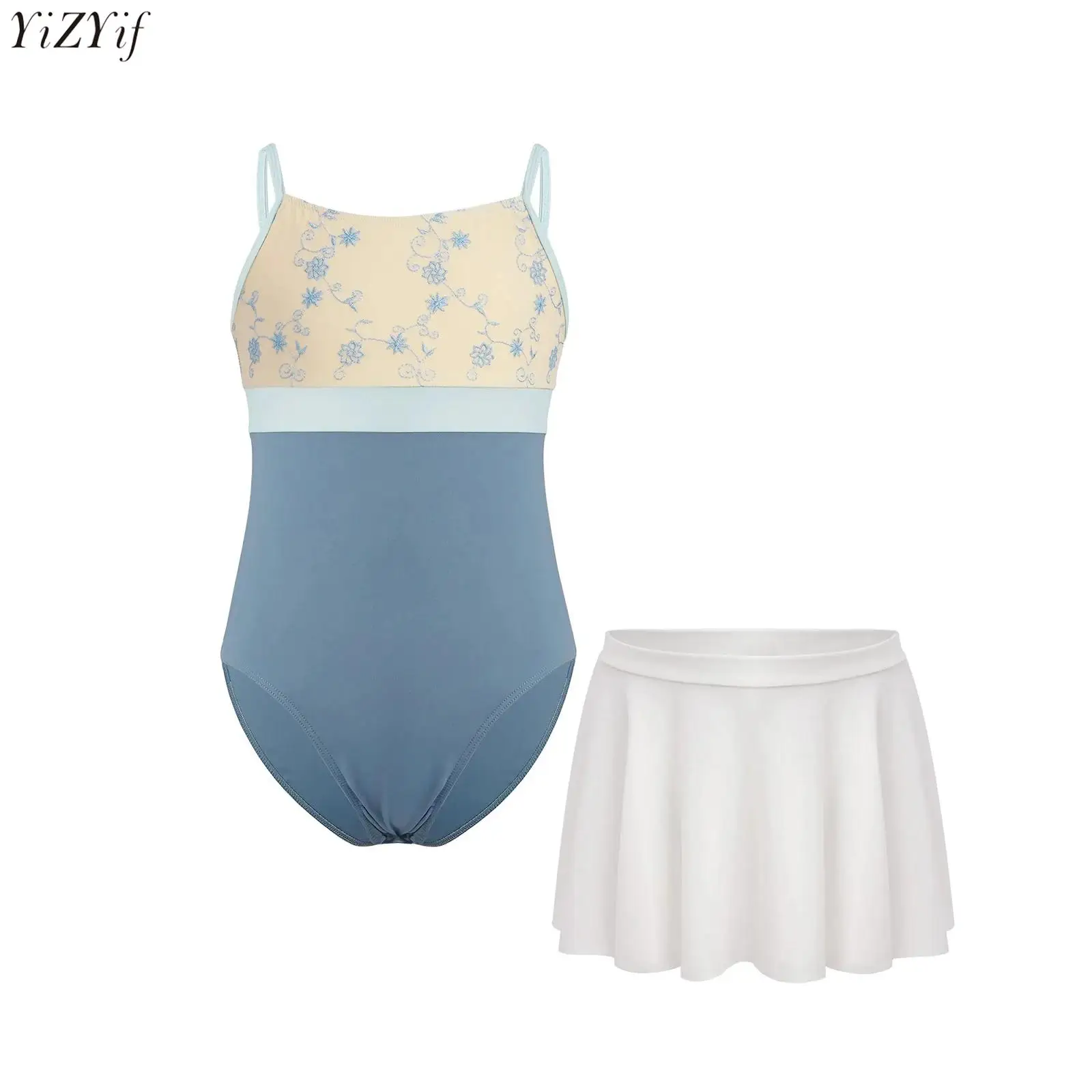 

Kids Girls Ballet Gymnastics Leotard Outfits Sleeveless Spaghetti Straps Floral Embroidery Color Block Leotard+Dance Skirt Dress