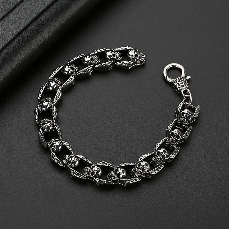 Fashion Punk Skull Head Titanium Steel Men\'s Bracelet Vintage Rock Motorcycle Bracelet Jewelry