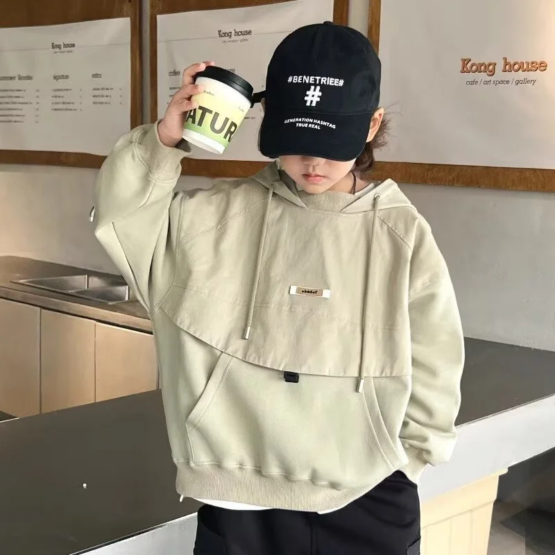 2026 Autumn Hooded Sweatshirt Boys Casual Loose Pullover Spring Kids New Trendy Long Sleeve Hoodies Top Teen Tracksuits 5-14Year