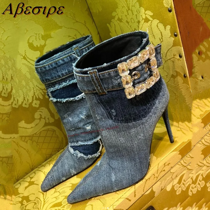 

New Rhinestone Denim Buckle Booties Sexy Pointed Toe Stiletto High Heels Fashion Casual Versatile Blue Sleeve French Bare Boots