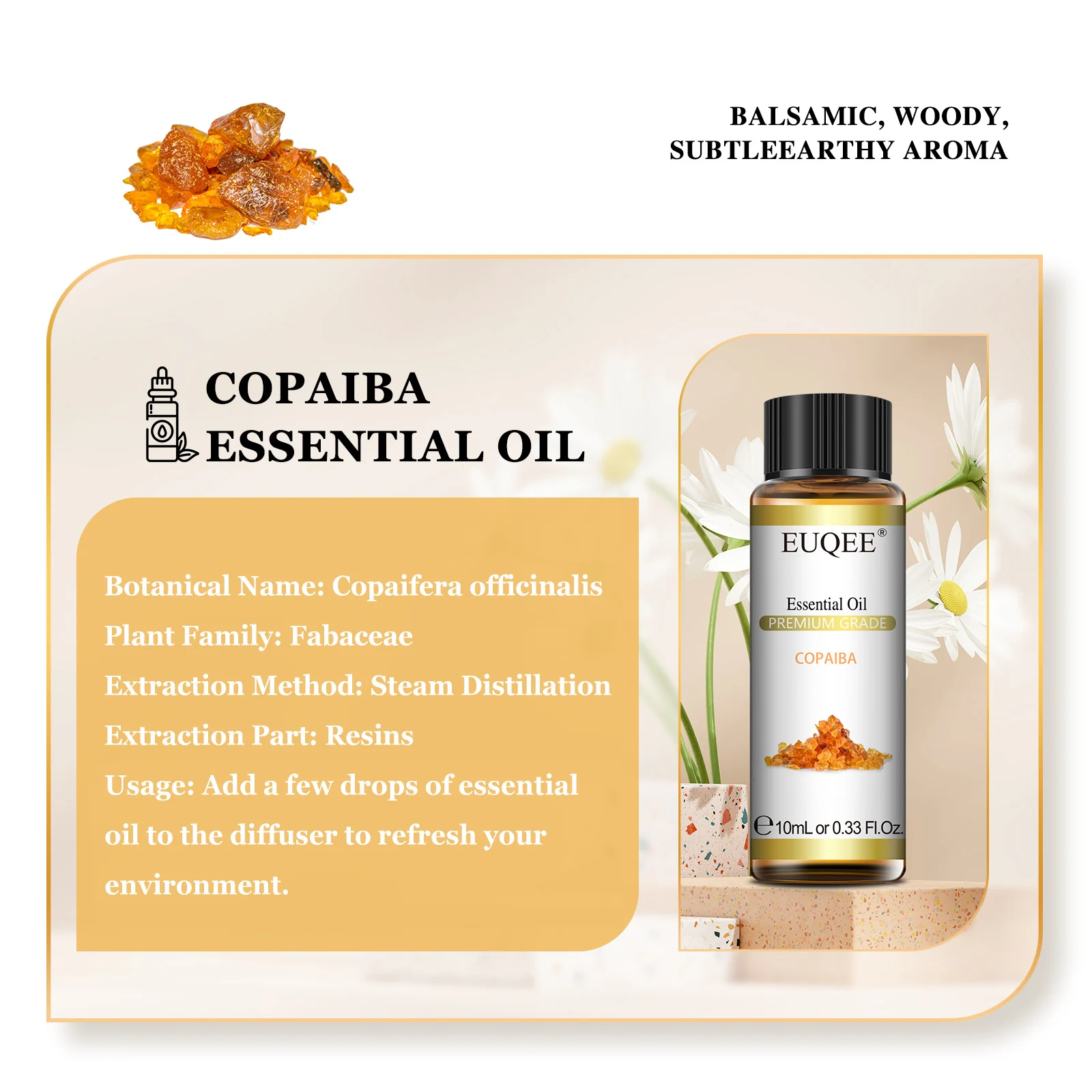 EUQEE 10mL Copaiba Óleo Essencial Para Difusor Vela Fazendo Óleos Essenciais de Fragrância com Conta-gotas de Vidro Para Aromaterapia
