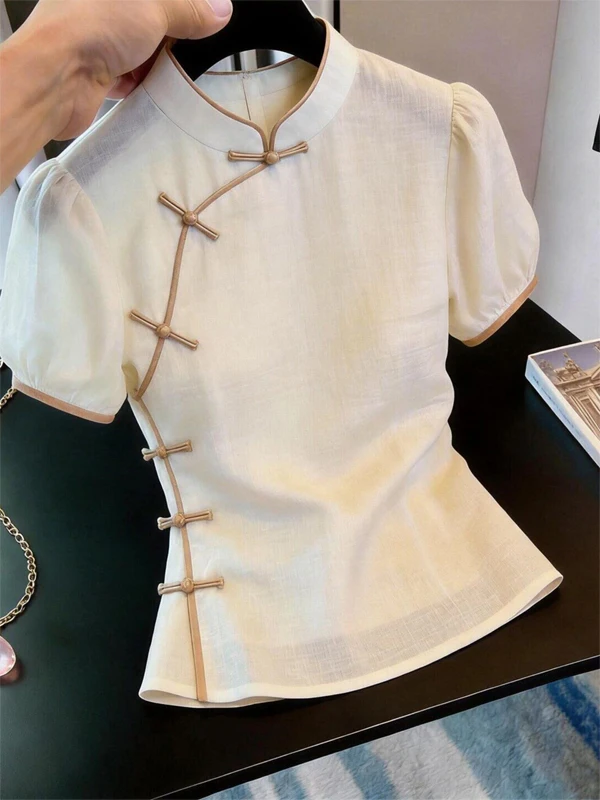 

New 2026 Summer Chinese Style Slim Fit Short Sleeve Shirt Women's Stand Collar Button Detailing High End Feel Peach Color Blouse