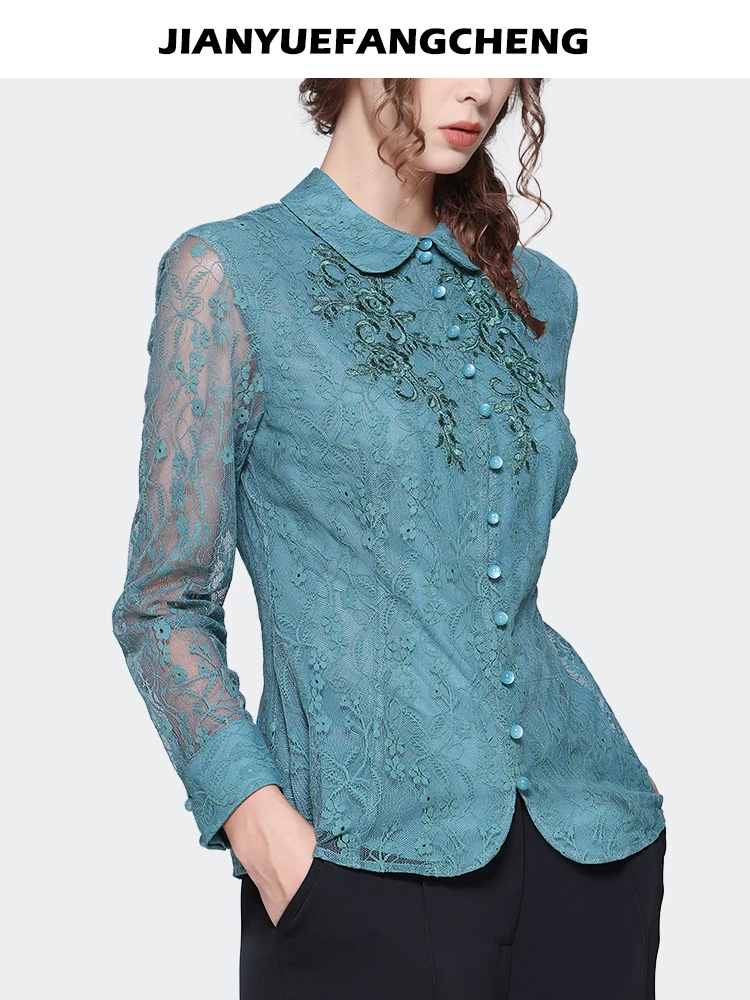 Fashion Embroidered Light Blue Lace Tops Women Autumn New Long Sleeve Outwear Elegant Hollow Out Blouses Peter Pan Collar Shirt