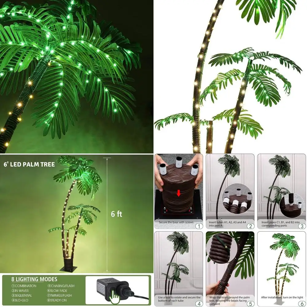 Palmera iluminada de 6 pies para decoración navideña al aire libre, árboles artificiales LED con luces para fiestas en patio, patio, piscina y terraza