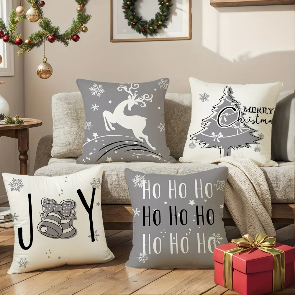 4-Pack Grey Christmas Throw Pillow Covers 18x18in, Farmhouse Winter Holiday Decor, Deer & Tree Print, Polyester, Zippered Cushio