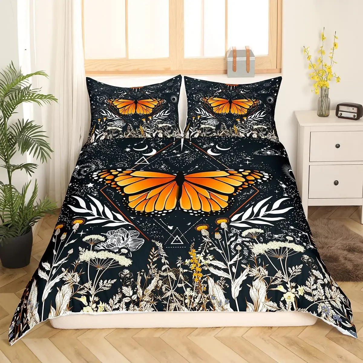 Death Moth King Queen Duvet Cover Gothic Sugar Skull Bedding Set Bohemian Poppy Flower Comforter Cover Polyester Quilt Cover