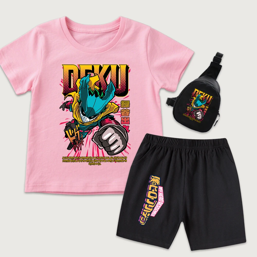 My Hero Academia Midoriya Kids Cotton T Shirt Shorts Set 3 Pieces Summer Boys Girls Anime Graphic Tee with Mini Chest Bag