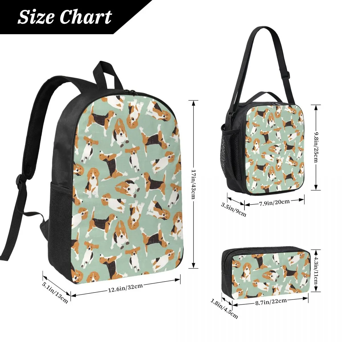 Beagle Scatter Mint Backpack Student BookBag School Bag Laptop Shoulder Bags 3ps Insulated Lunch Bag Pencil Case