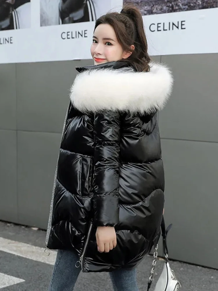 2024 New Women Jacket Winter Parkas Long Coat Fur Collar Hooded Glossy Overcoat Female Cotton Padded Parka Waterproof Outwear