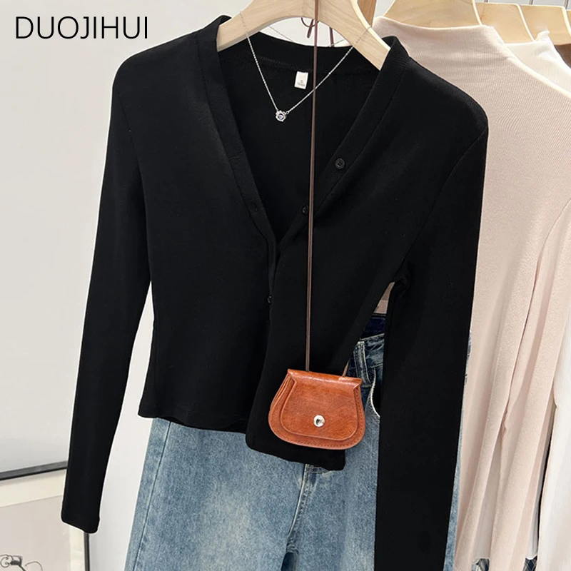 DUOJIHUI Vintage Orange Chicly Button V-neck Women Pullovers Autumn Sweet Fashion Simple Long Sleeve Pure Color Female Pullovers