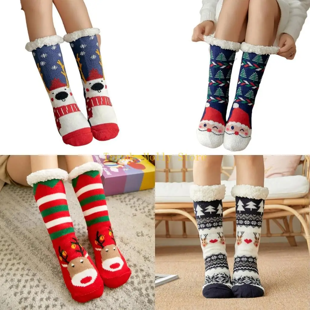 

N5KB Женщины рождественские зимние пушистые носки -туфли мультфильм густые теплые флисовые чулки