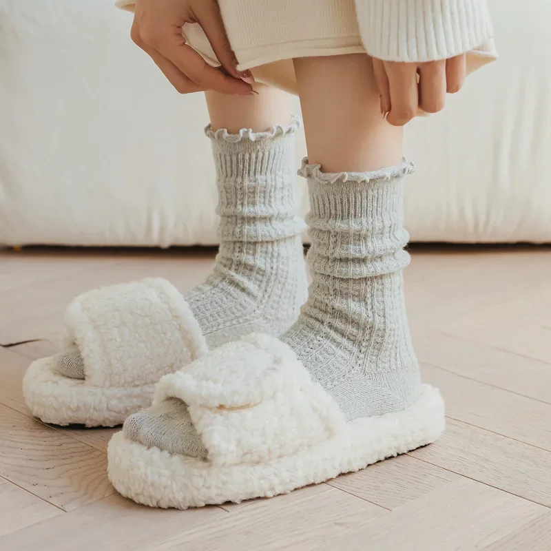 Autumn Winter Thick Warm Women Socks Wool Cashmere Thermal Long Socks Women Casual Solid Color Japanese Kawaii Cute Ruffle Socks