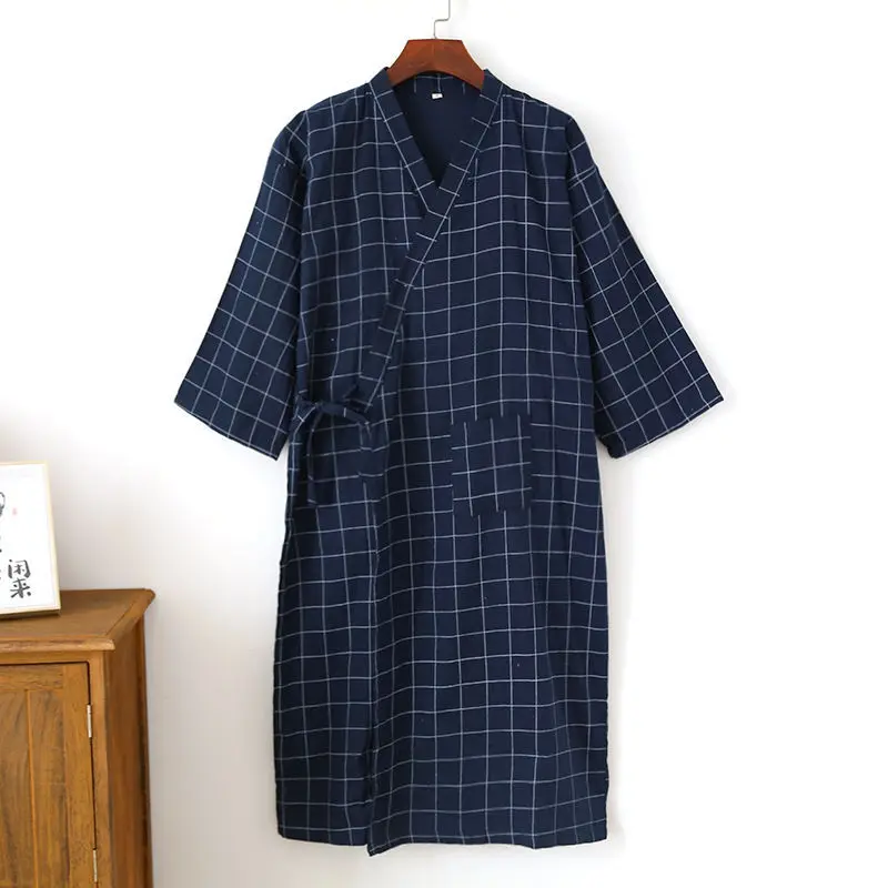 

Cotton Gauze Bathrobe Men Plus Size Kimono Nightgown Spring Summer Thin Yukata Cardigan Plaid Long Sleeve Sleepwear Homewear