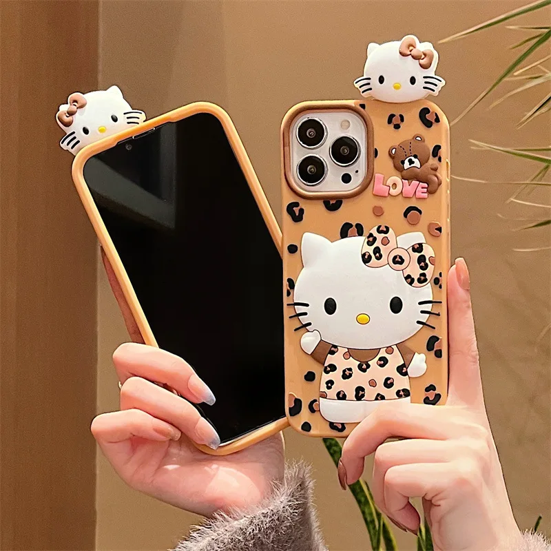 3D Cute Cartoon Leopard Pattern Hello Kitty Silicone Phone Case For iPhone 16 15 14 13 12 Pro Max Shockproof Protective Cover