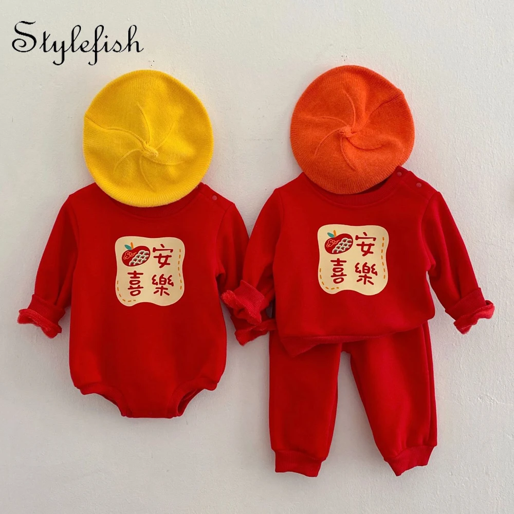 

2022 winter infant romper New Year clothes printed baby plush thickened top+pants 2 sets