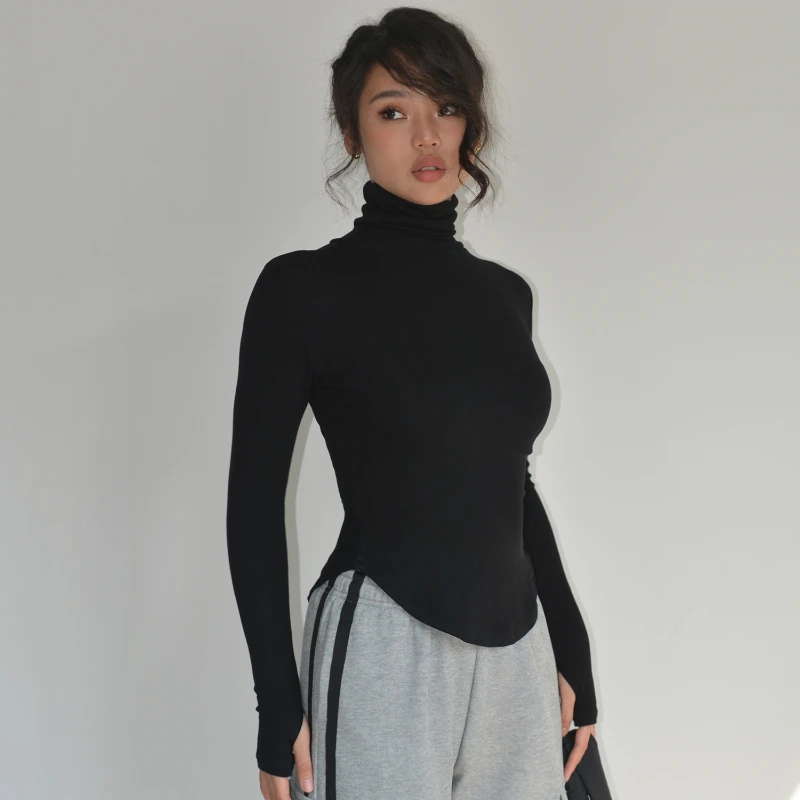 Slim Fleece T-Shirts for Women, Turtleneck, Elastic, Short, Embossed, Sexy, Buttleneck, Female Pulls Tops, Autumn Tees