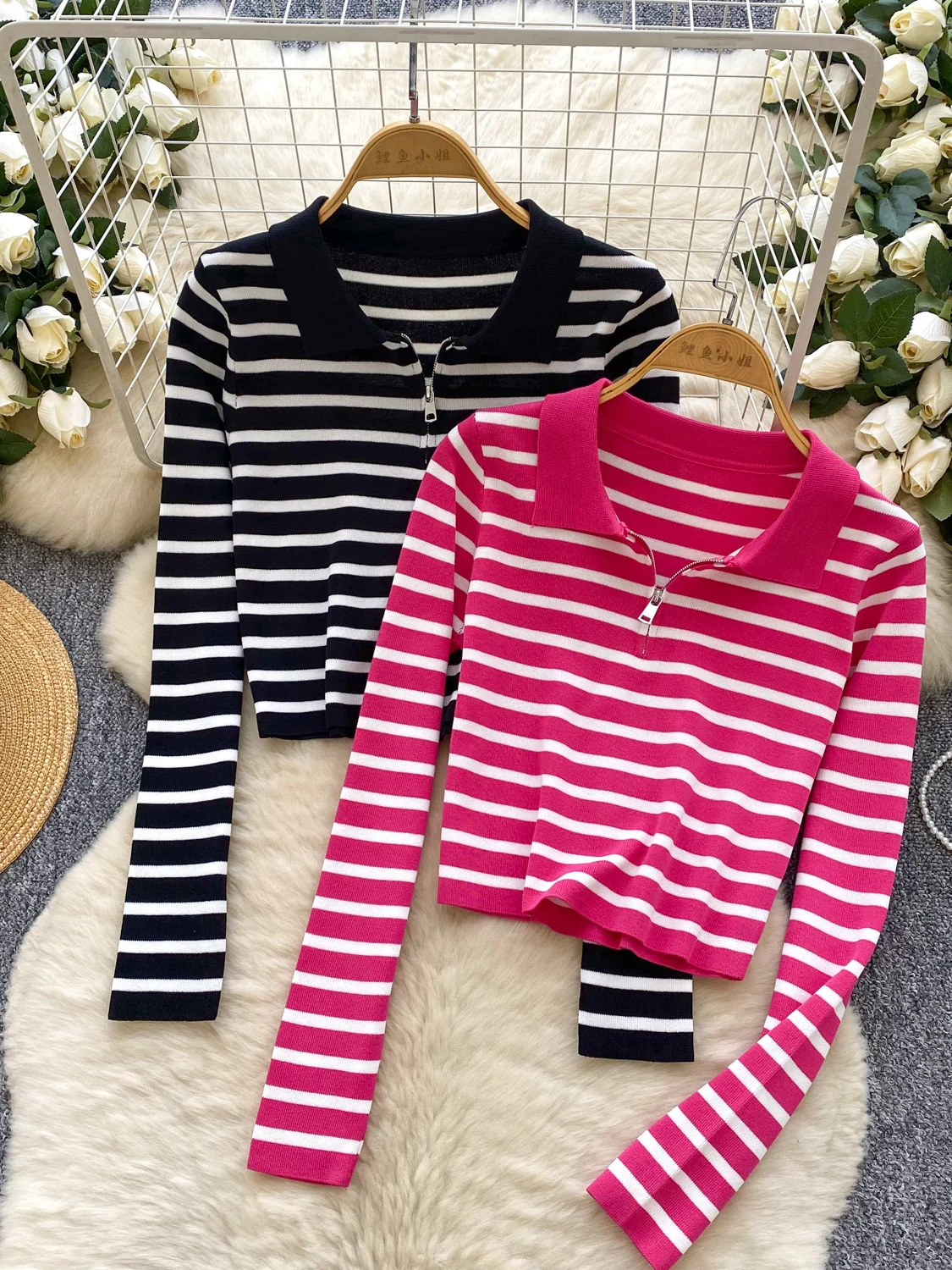 

Hong Kong Sle mat Relaxed Stripe Long Sve Knitwear Women's ort Casual Collar Flip Autumn in Season Trendy Top