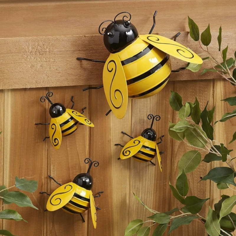 Metal Wall Art, 4PCS Metal Bumble Bee Wall Decor, 3D Iron Bee Art Sculpture Hanging Wall Decorations for Outdoor Home Garden