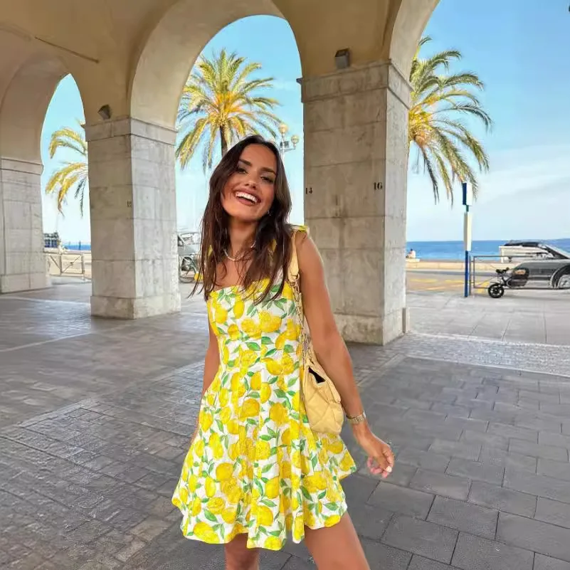 Summer Lemon Print Mini Suspenders Dress Women Slim Square Neck Sleeveless Pleated Vestidos 2024 New Female Holiday Dresses