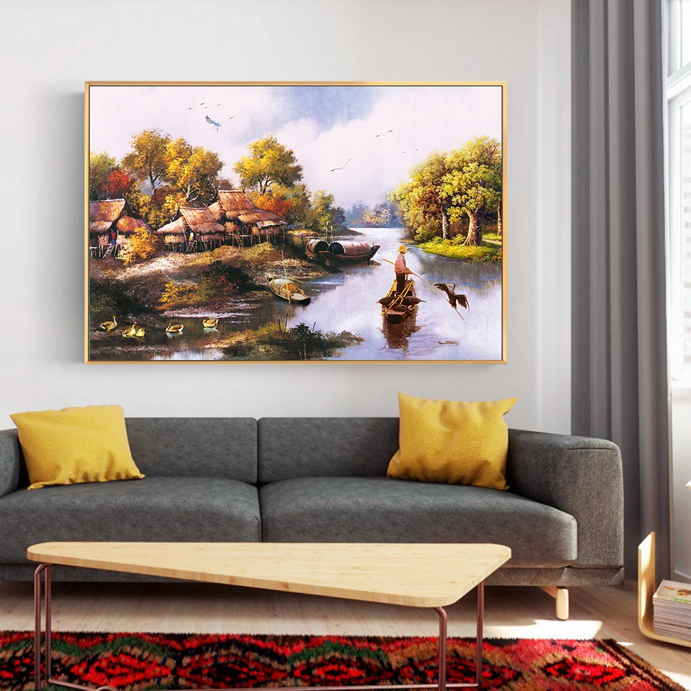 Famous Acrylic Village Scenery Handmade Landscape Oil Painting on Canvas