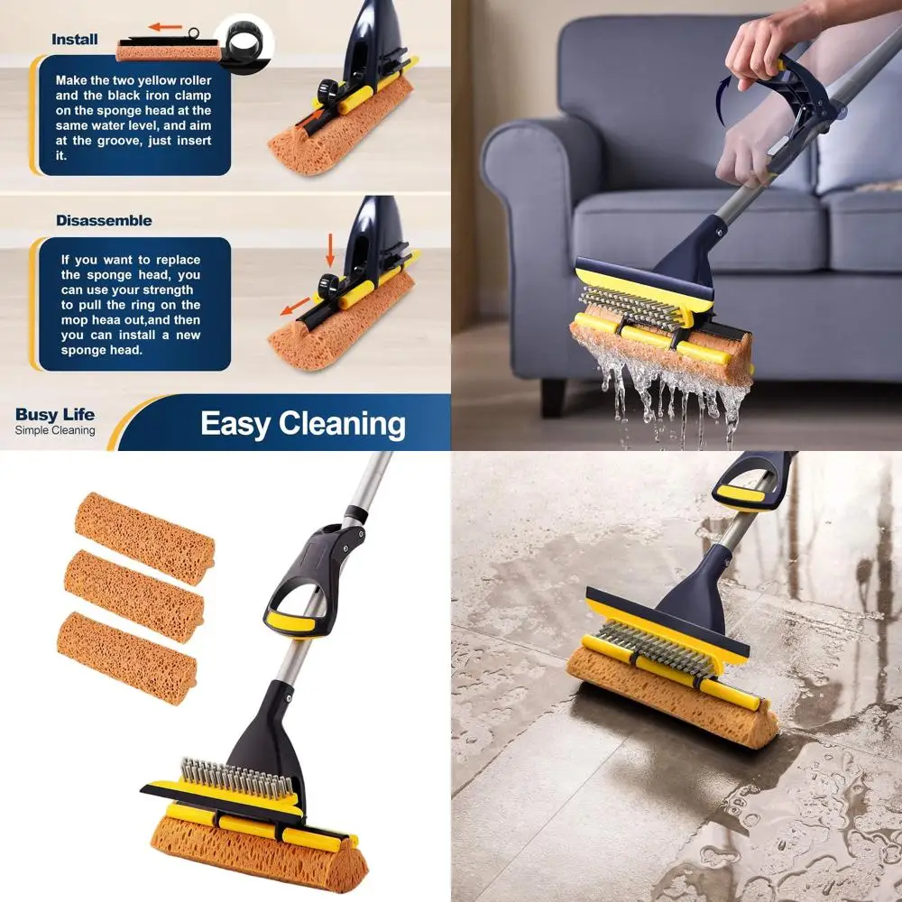 

Telescopic Mop with 3 Sponge Heads for Home and Garage Tile Floors - Easy Squeegee and Drying
