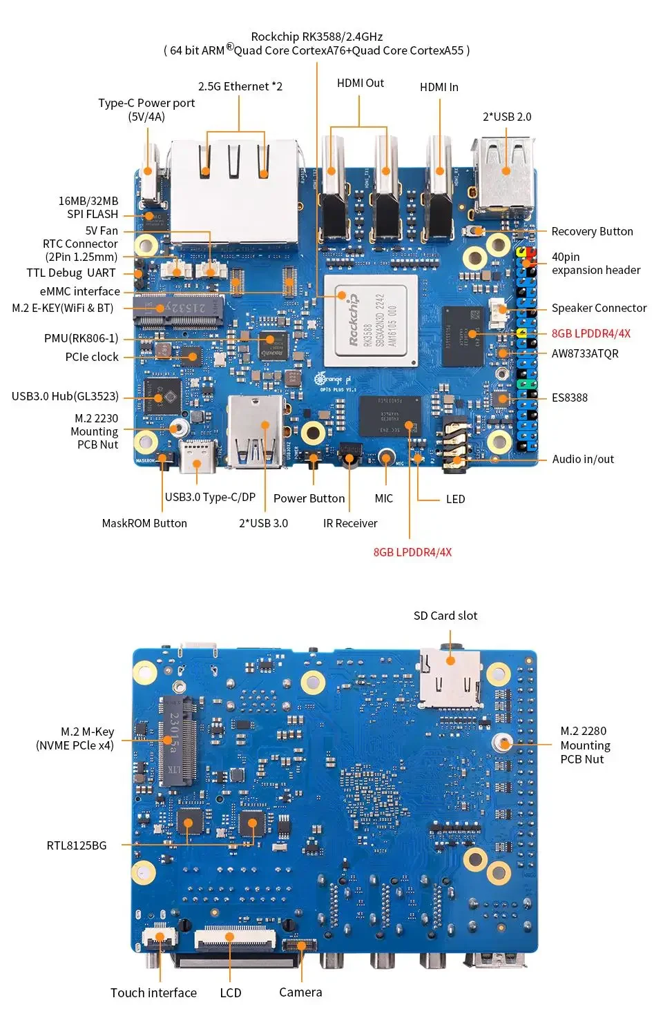 Orange Pi 5 Plus 16G+WiFi Module+Metal Case,DDR4 Rockchip RK3588 Mini PC Orange Pi5 Plus SBC Single Board Computer