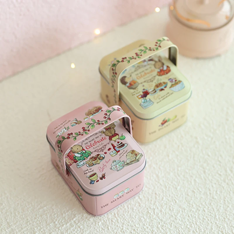 Candy Box Cartoon Rabbit Pattern Good Sealing With Handle Vintage Gift Giving Portable Easter Cookie Gift Tins For Holiday